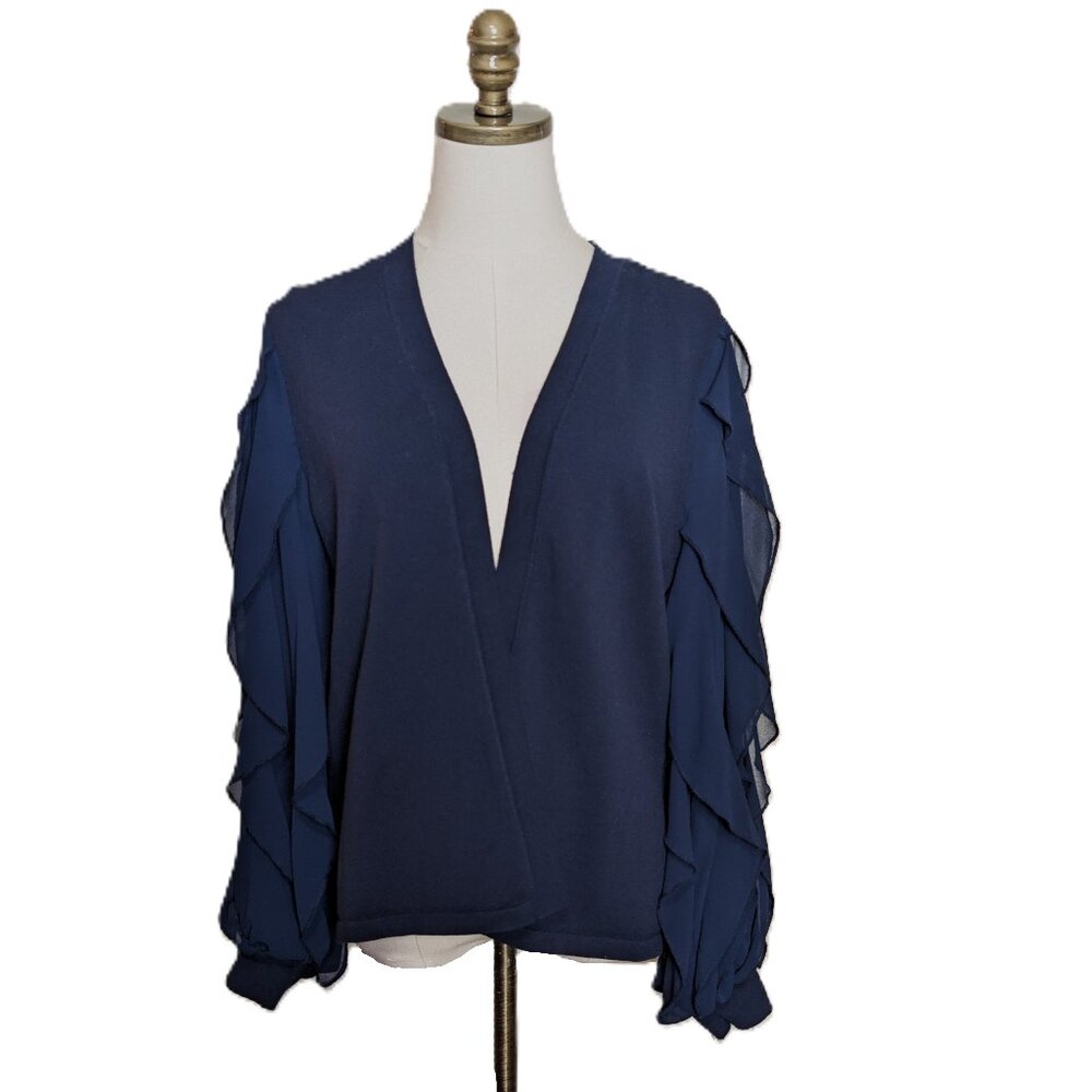 Chico’s Open Front Cardigan Sweater Size M 1 Navy Blue Chiffon Ruffle Sleeves